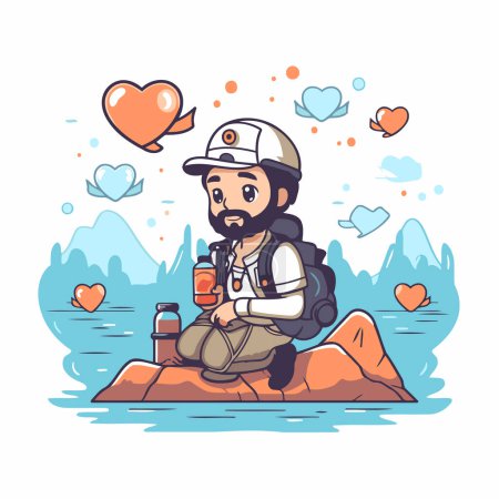 Illustration for Courier with a bottle of water sitting on the rock. Vector illustration - Royalty Free Image