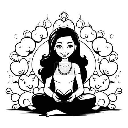 Girl meditating in lotus position. vector illustration. black and white