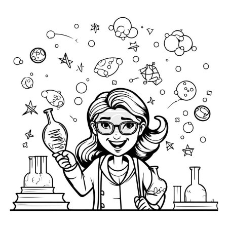 Illustration for Scientist woman with chemical experiment. Vector illustration in black and white - Royalty Free Image