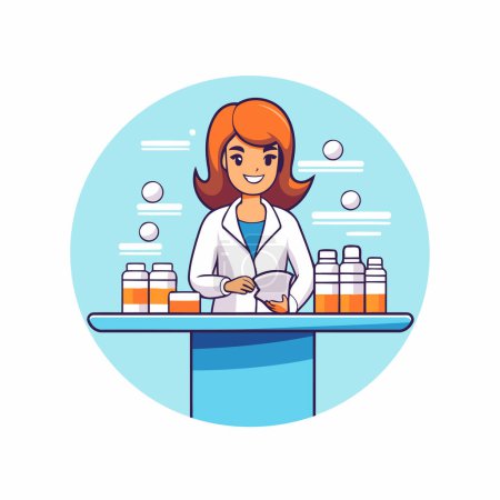 Illustration for Female pharmacist standing at counter with medicines. Vector illustration in cartoon style - Royalty Free Image