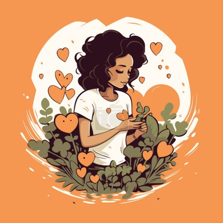 Illustration for Vector illustration of a young woman with a mobile phone in her hands. surrounded by flowers. - Royalty Free Image