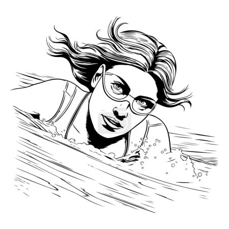 Foto de Ilustración vectorial de una mujer nadando en el mar. Imagen en blanco y negro. - Imagen libre de derechos