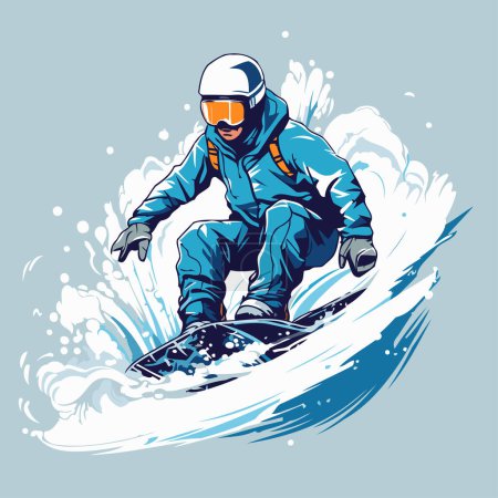 Téléchargez les illustrations : Snowboarder promenades sur les vagues. Illustration vectorielle d'un snowboarder. - en licence libre de droit