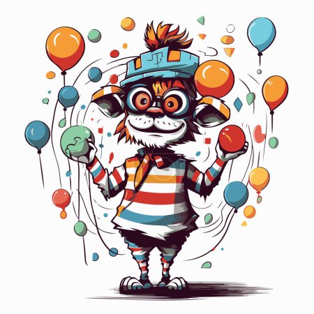 Téléchargez les illustrations : Mignon clown de dessin animé avec des ballons et des confettis. Illustration vectorielle. - en licence libre de droit