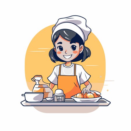 Téléchargez les illustrations : Jolie petite fille chef dans la cuisine tablier cuisine. Illustration vectorielle - en licence libre de droit