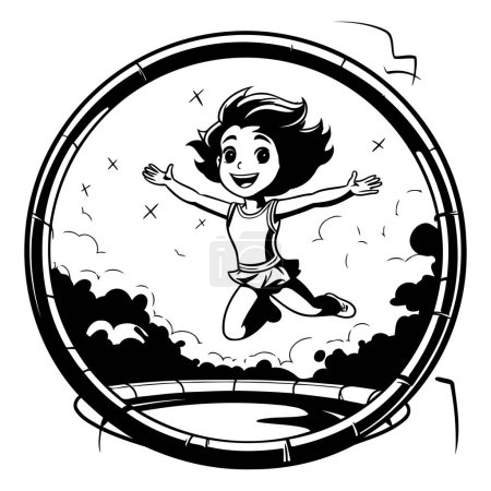 Téléchargez les illustrations : Illustration en noir et blanc d'un garçon heureux sautant sur un trampoline - en licence libre de droit