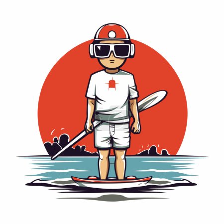 Illustration for Vector illustration of a young man paddling on a stand up paddleboard - Royalty Free Image