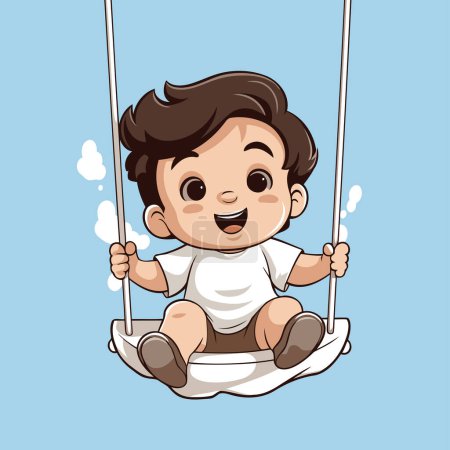 Téléchargez les illustrations : Bébé garçon mignon balançant sur une balançoire. Illustration vectorielle de dessin animé. - en licence libre de droit