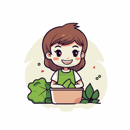 Illustration for Cute little girl holding a pot with plants. Vector illustration. - Royalty Free Image