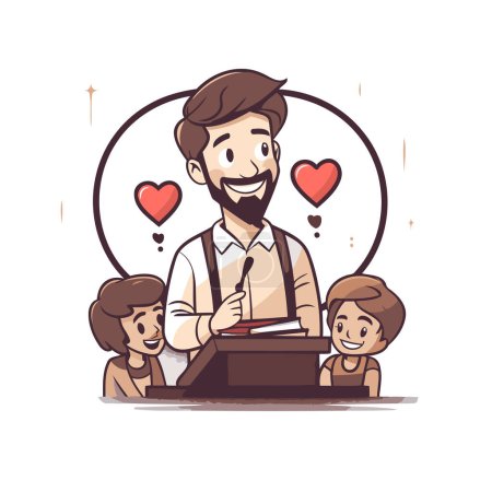 Téléchargez les illustrations : Père et enfants utilisant une machine à écrire. Illustration vectorielle dans le style dessin animé. - en licence libre de droit