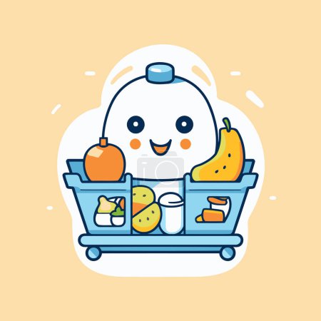 Illustration for Vector illustration of shopping cart with healthy food. Cute cartoon character. - Royalty Free Image