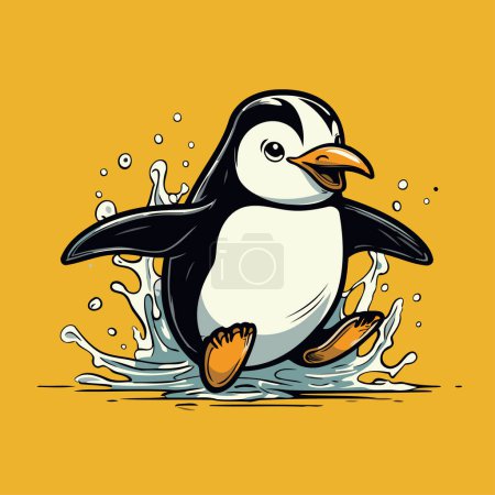 Téléchargez les illustrations : Mignon pingouin avec des éclaboussures d'eau. Illustration vectorielle. - en licence libre de droit