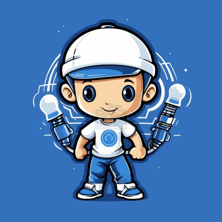 Illustration for Cute little boy with electric screwdriver. Vector cartoon illustration. - Royalty Free Image