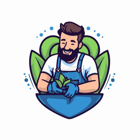Ilustración de Hombre guapo jardinero sosteniendo una planta. Ilustración vectorial. - Imagen libre de derechos