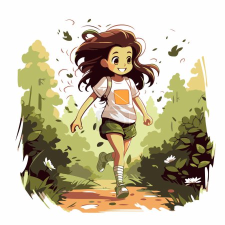 Illustration for Cute little girl running in the park. Vector cartoon illustration. - Royalty Free Image