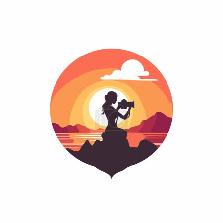 Illustration for Woman with binoculars on the mountain at sunset. Flat style vector illustration. - Royalty Free Image