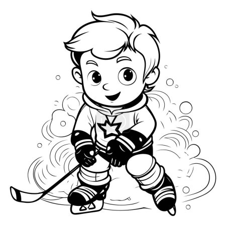 Téléchargez les illustrations : Joli garçon jouant au hockey. Illustration vectorielle noir et blanc pour livre à colorier - en licence libre de droit