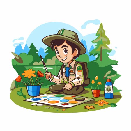 Illustration for Illustration of a boy painting in the nature. Vector illustration. - Royalty Free Image