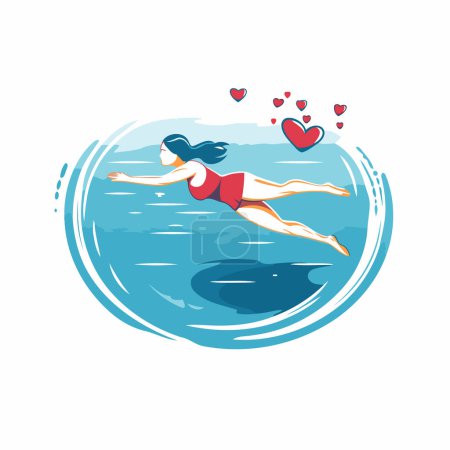 Illustration for Girl swimming in the sea with hearts around her. Vector illustration. - Royalty Free Image