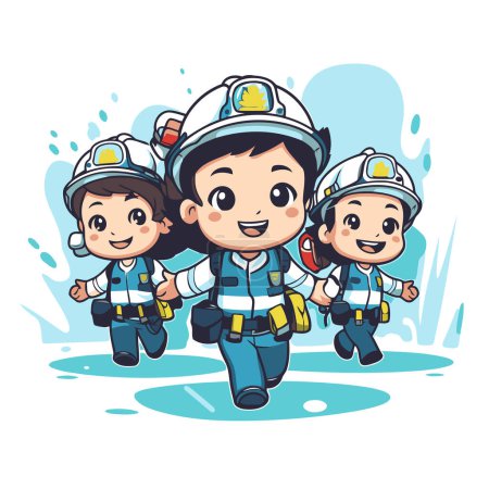 Ilustración de Lindos niños y niñas en uniforme de bombero. ilustración vectorial. - Imagen libre de derechos