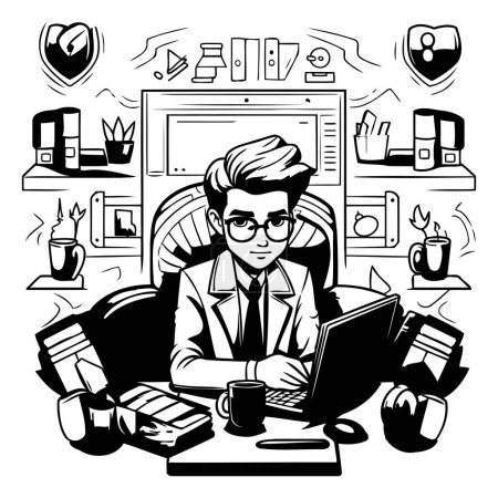 Téléchargez les illustrations : Illustration vectorielle d'un homme d'affaires travaillant dans un ordinateur du bureau. - en licence libre de droit