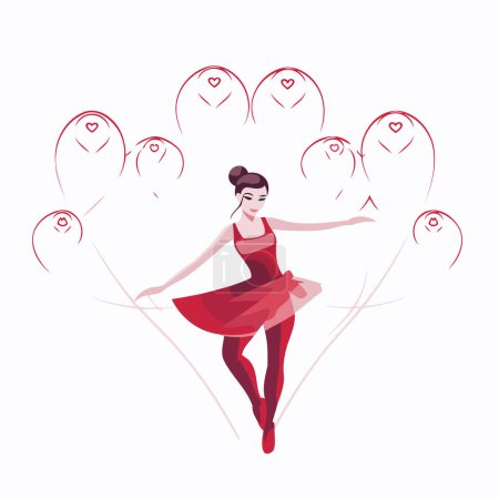 Ballerina in einem roten Kleid mit herzförmigen Luftballons. Vektorillustration.