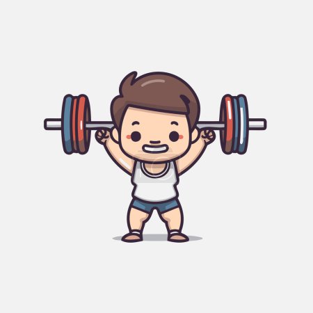 Illustration for Cute little boy lifting barbell cartoon character vector design. Fitness and healthy lifestyle concept. - Royalty Free Image