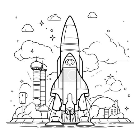 Téléchargez les illustrations : Une fusée dans le ciel. Livre à colorier pour adultes. Illustration vectorielle. - en licence libre de droit