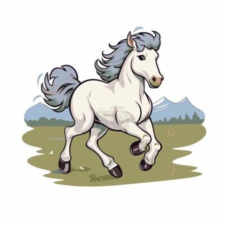 Illustration for White horse running on the field. Vector illustration in cartoon style. - Royalty Free Image