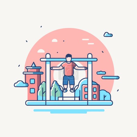 Illustration for Man doing sports on the playground. Flat vector illustration in modern linear style. - Royalty Free Image