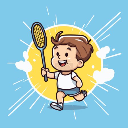 Illustration for Boy playing badminton vector illustration. Cartoon style. Vector illustration. - Royalty Free Image