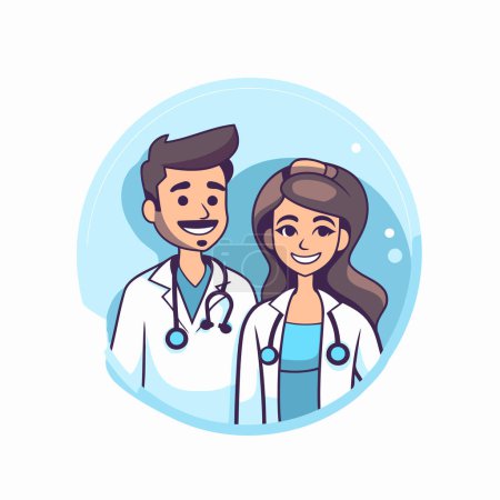 Ilustración de Médicos hombres y mujeres en uniforme médico. Ilustración vectorial en estilo de dibujos animados - Imagen libre de derechos