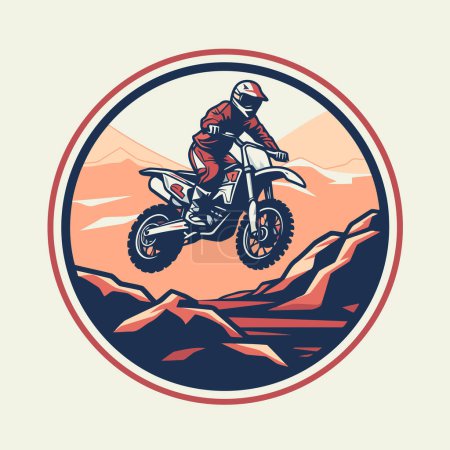 Téléchargez les illustrations : Motocross coureur sur la route dans les montagnes. style vintage. illustration vectorielle - en licence libre de droit
