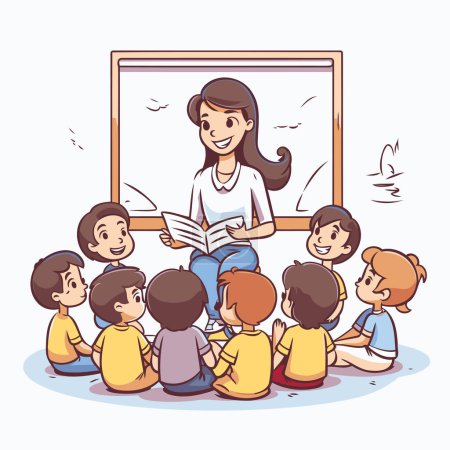 Illustration for Teacher with children in classroom. Vector illustration in cartoon style. - Royalty Free Image