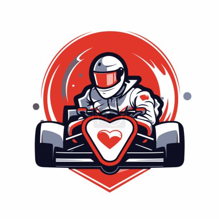 Vektorillustration eines Kart-Rennfahrers am Steuer eines Rennwagens mit einem Herz in der Hand.