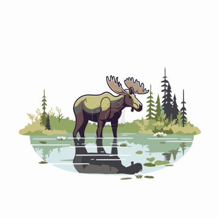 Moose standing on the bank of the river. Vector illustration.