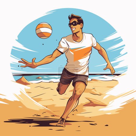 Illustration for Handsome young man playing volleyball on the beach. Vector illustration. - Royalty Free Image