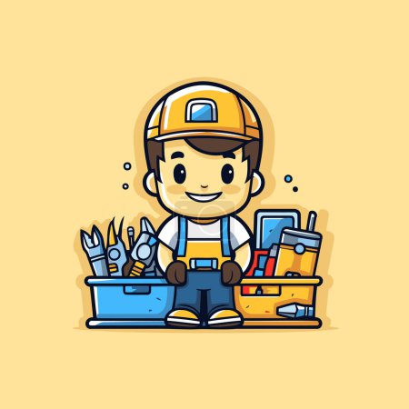 Illustration for Cartoon handyman with tool box. Cute cartoon vector illustration. - Royalty Free Image