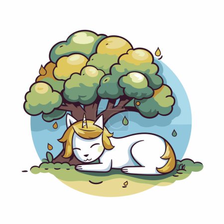 Téléchargez les illustrations : Mignon chat dessin animé dormant sous l'arbre. Illustration vectorielle sur fond blanc. - en licence libre de droit
