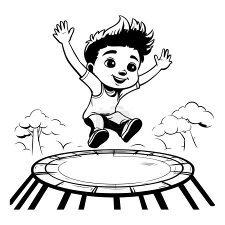 Téléchargez les illustrations : Joyeux garçon sautant sur le trampoline. Illustration vectorielle noir et blanc. - en licence libre de droit