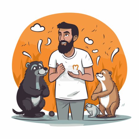 Ilustración de Ilustración vectorial de un hombre con barba en una camiseta blanca de pie en el parque de otoño. - Imagen libre de derechos