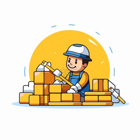 Illustration for Cartoon construction worker building brick wall with hammer and bricks. Vector illustration. - Royalty Free Image