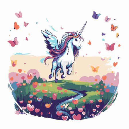 Illustration for Unicorn on the meadow with butterflies. Vector illustration. - Royalty Free Image