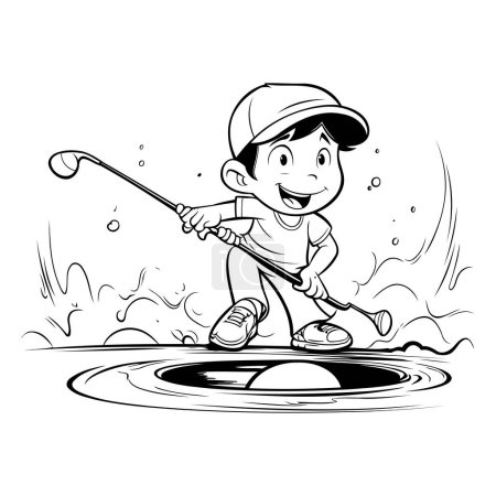 Ilustración de Chico jugando golf en la playa. Ilustración vectorial en blanco y negro. - Imagen libre de derechos