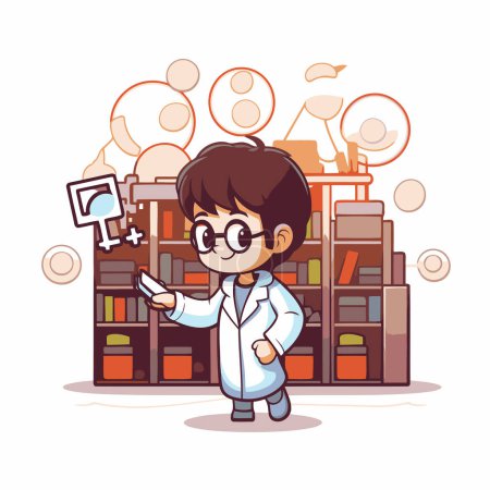 Illustration for Boy in science lab coat and eyeglasses. Vector illustration. - Royalty Free Image