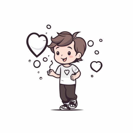 Illustration for Boy with heart and love hand drawn vector illustration. Cartoon style. - Royalty Free Image
