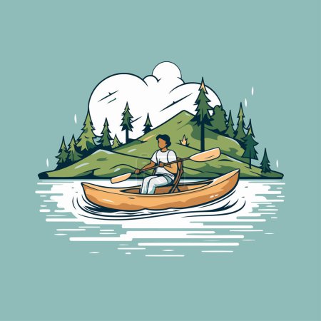 Illustration for Man rowing in a canoe on the lake. Vector illustration. - Royalty Free Image