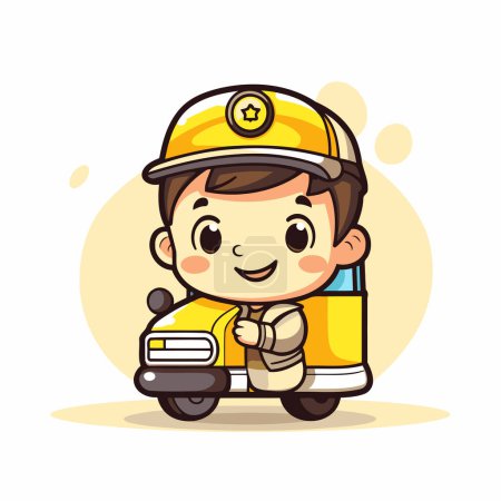 Illustration for Cute Little Boy Carrying a Car. Vector Illustration. - Royalty Free Image