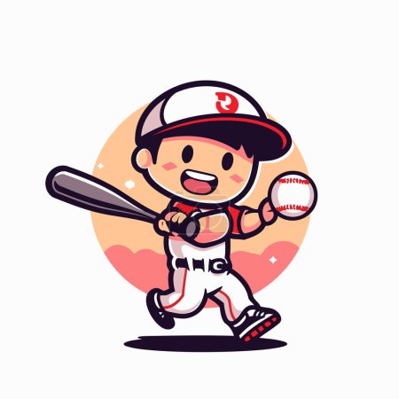 Téléchargez les illustrations : Joueur de baseball personnage de dessin animé avec balle et chauve-souris. Illustration vectorielle. - en licence libre de droit