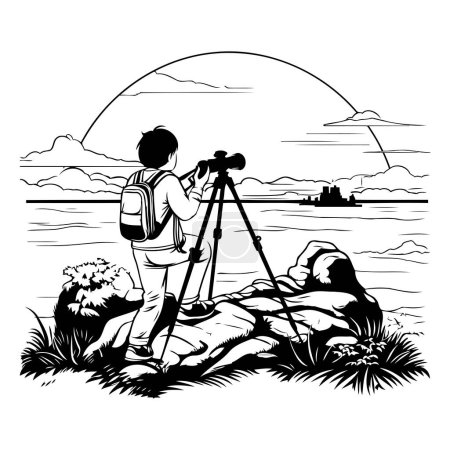 Illustration for Photographer with camera on tripod on the beach. Vector illustration. - Royalty Free Image